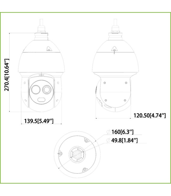 Domo PTZ Híbrido IP Térmico AI 256*192 3.5mm + 2M 4mm IP66 12V PoE+ AUDIO E/S